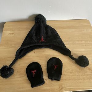 Jordan Infant Hat And Mittens Black Red Logo Matching